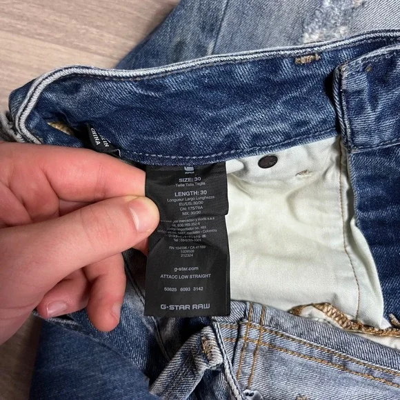 Y2K G Star RAW Attacc Low Straight Jeans Blue Distressed Denim Jeans Size 30